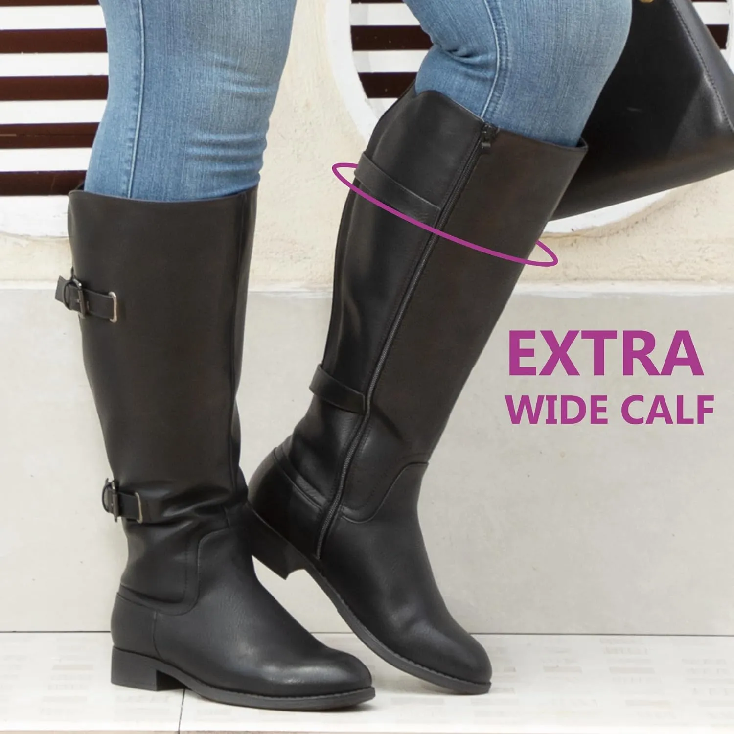 Women's Classic Extra Wide Calf Flat Heel Double Buckle Back Stretch Knee High Boots
