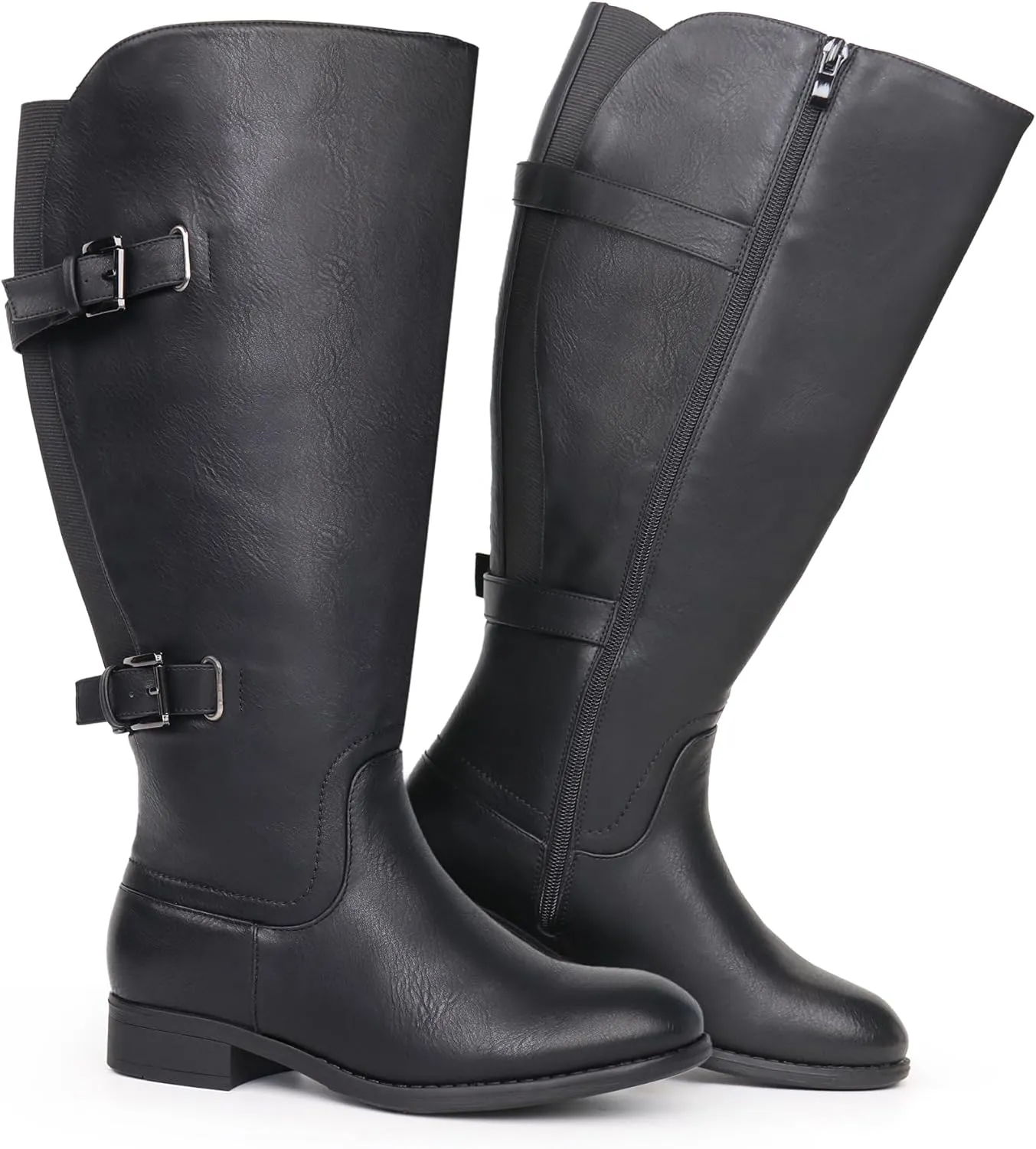 Women's Classic Extra Wide Calf Flat Heel Double Buckle Back Stretch Knee High Boots