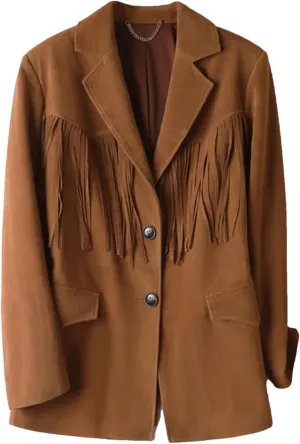 Women's Classic Suede Short Coat With Tassel Long Sleeve Notched Collar Sheepskin Jacket