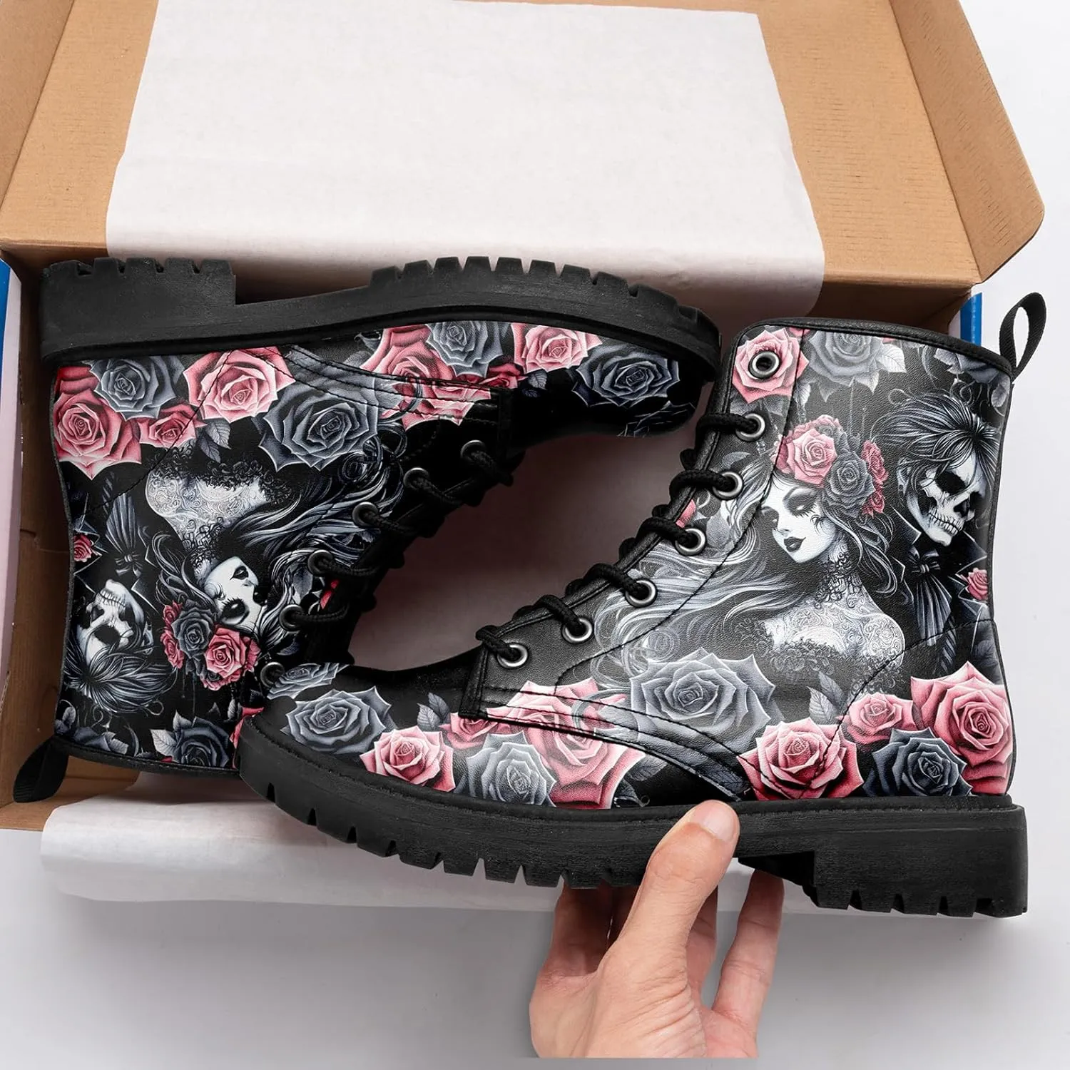 Women's Combat Ankle Boots, Heart Print Fashion Short Booties Rose and Skull Durable Lace-Up Work Boots, Gift For Her Lover
