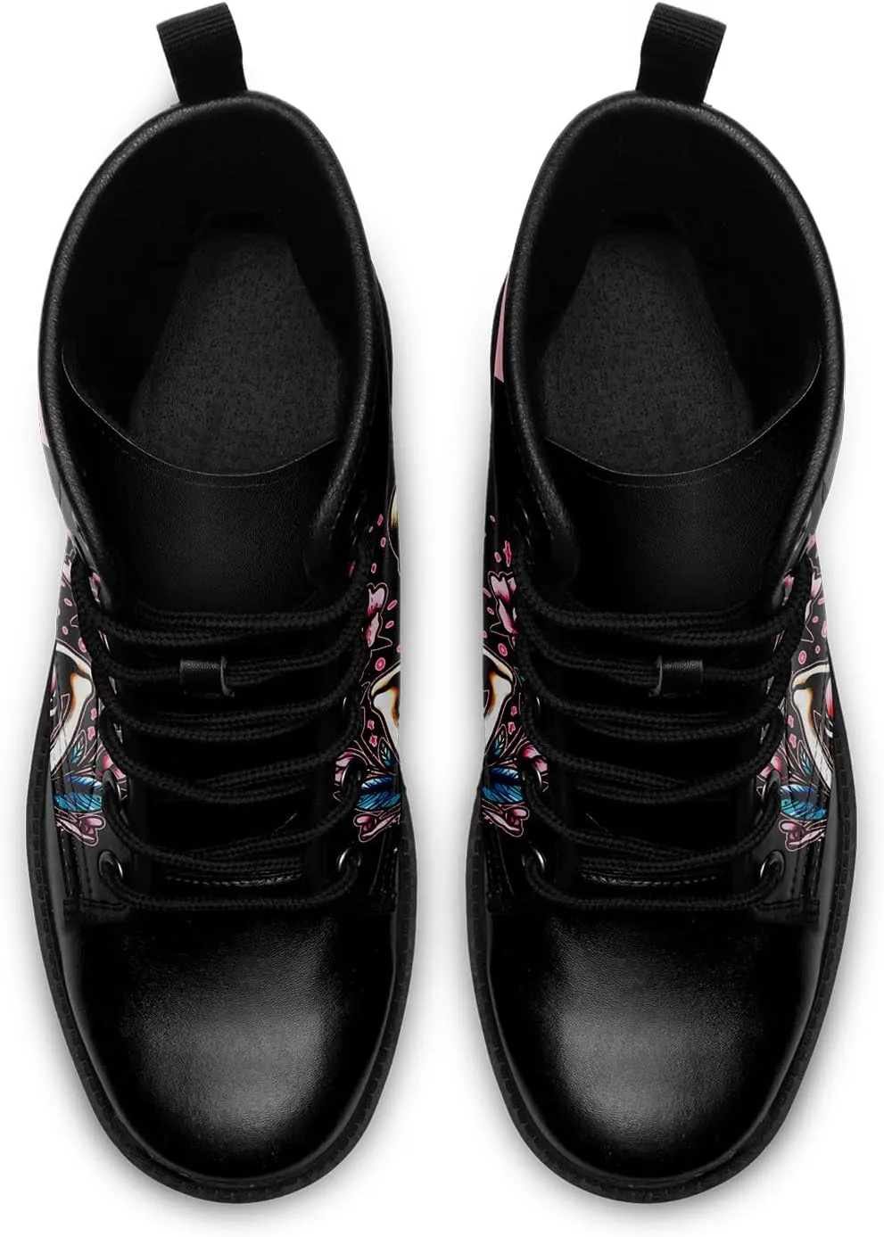 Women's Combat Ankle Boots, Heart Print Fashion Short Booties Rose and Skull Durable Lace-Up Work Boots, Gift For Her Lover