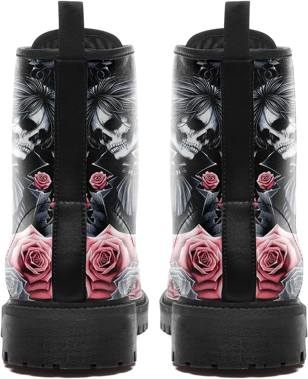 Women's Combat Ankle Boots, Heart Print Fashion Short Booties Rose and Skull Durable Lace-Up Work Boots, Gift For Her Lover