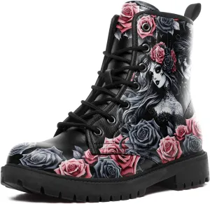 Women's Combat Ankle Boots, Heart Print Fashion Short Booties Rose and Skull Durable Lace-Up Work Boots, Gift For Her Lover