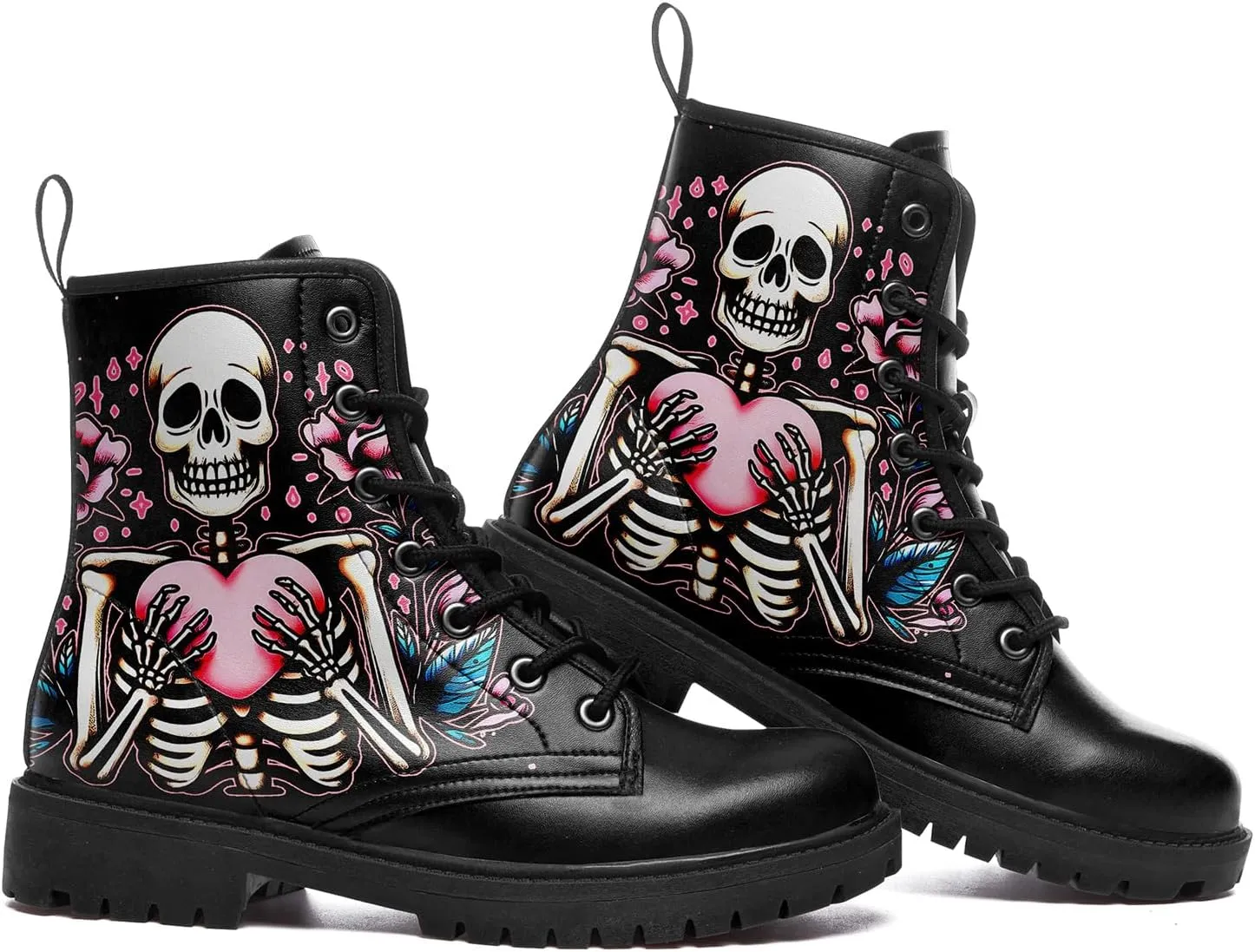 Women's Combat Ankle Boots, Heart Print Fashion Short Booties Rose and Skull Durable Lace-Up Work Boots, Gift For Her Lover