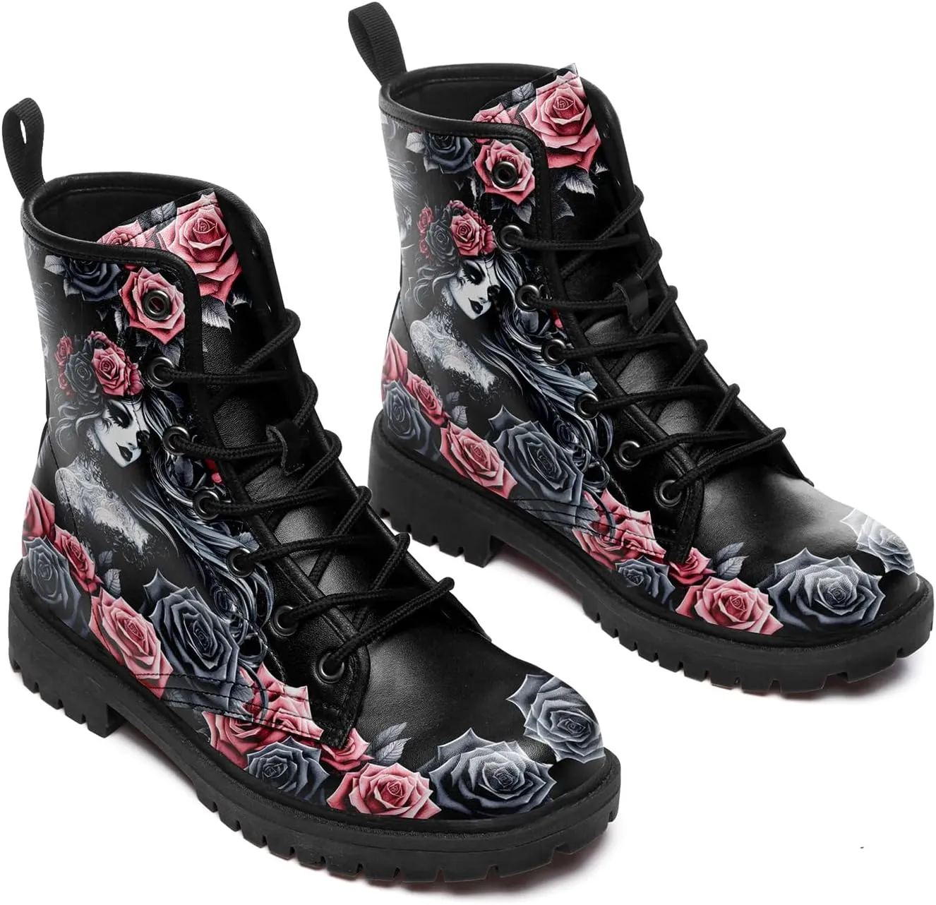 Women's Combat Ankle Boots, Heart Print Fashion Short Booties Rose and Skull Durable Lace-Up Work Boots, Gift For Her Lover