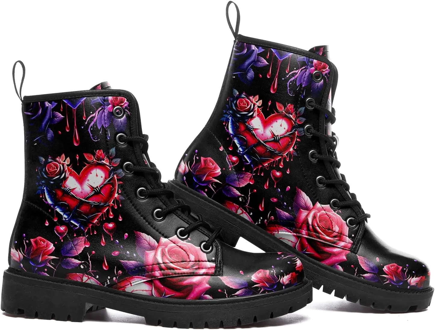 Women's Combat Ankle Boots, Heart Print Fashion Short Booties Rose and Skull Durable Lace-Up Work Boots, Gift For Her Lover