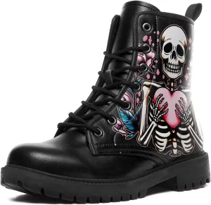 Women's Combat Ankle Boots, Heart Print Fashion Short Booties Rose and Skull Durable Lace-Up Work Boots, Gift For Her Lover