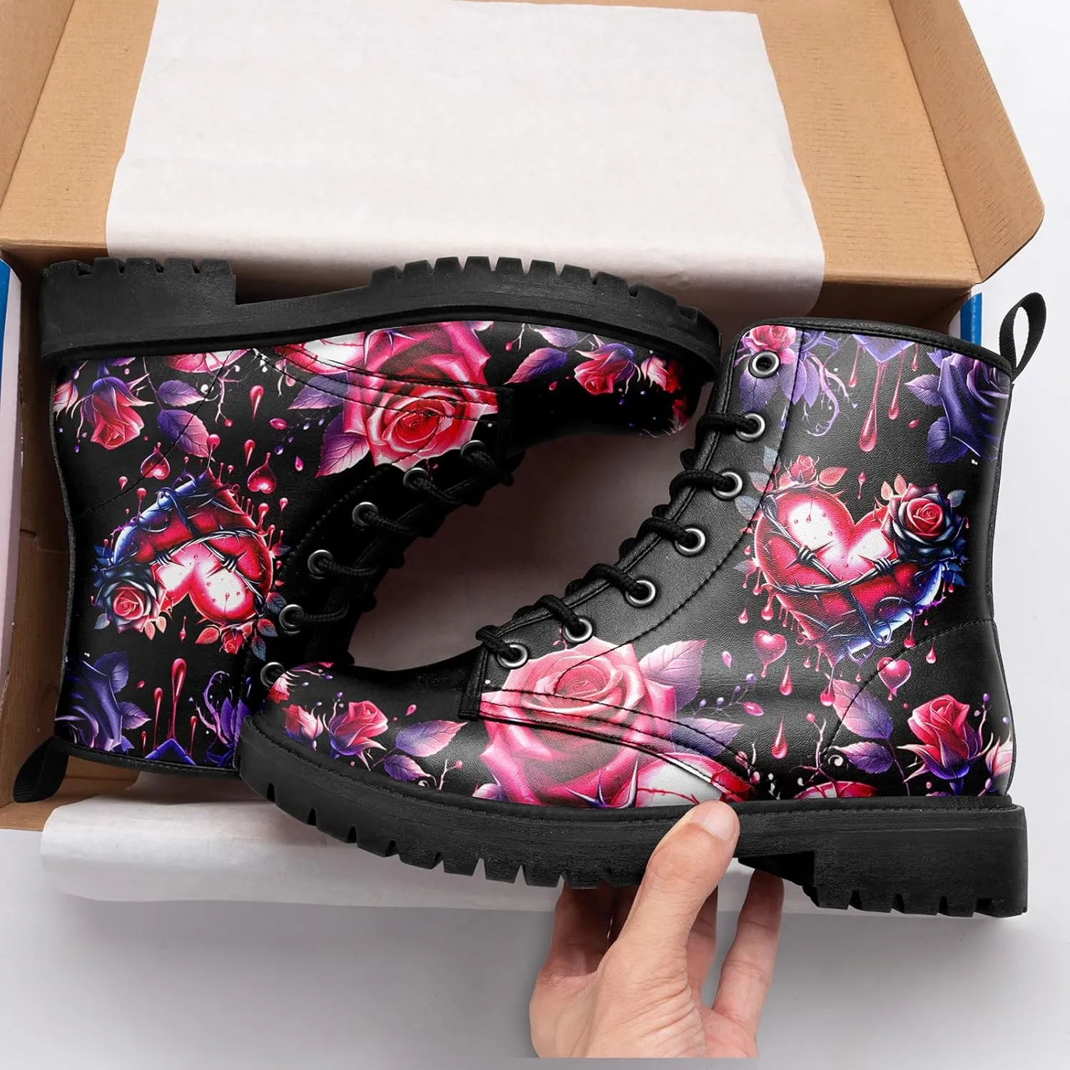 Women's Combat Ankle Boots, Heart Print Fashion Short Booties Rose and Skull Durable Lace-Up Work Boots, Gift For Her Lover