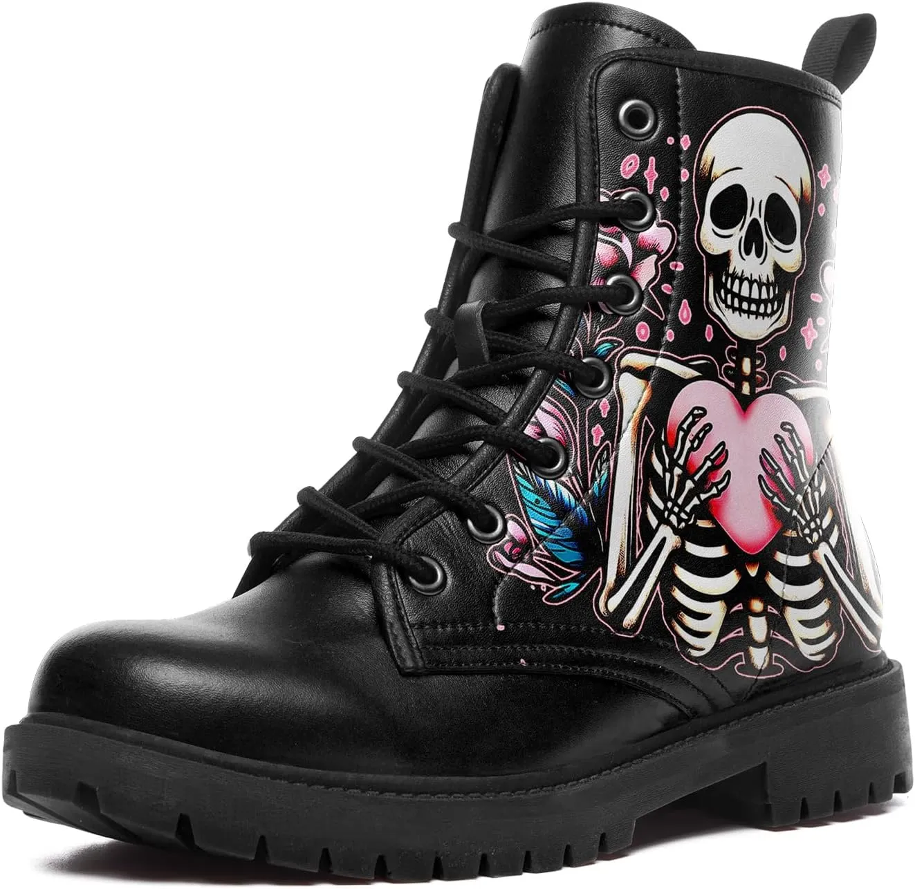 Women's Combat Ankle Boots, Heart Print Fashion Short Booties Rose and Skull Durable Lace-Up Work Boots, Gift For Her Lover
