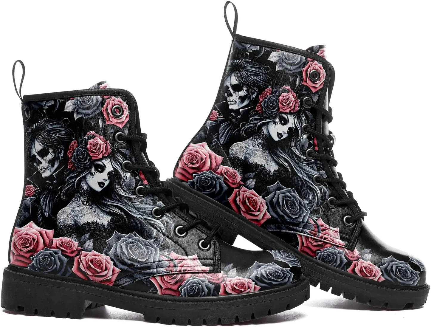 Women's Combat Ankle Boots, Heart Print Fashion Short Booties Rose and Skull Durable Lace-Up Work Boots, Gift For Her Lover