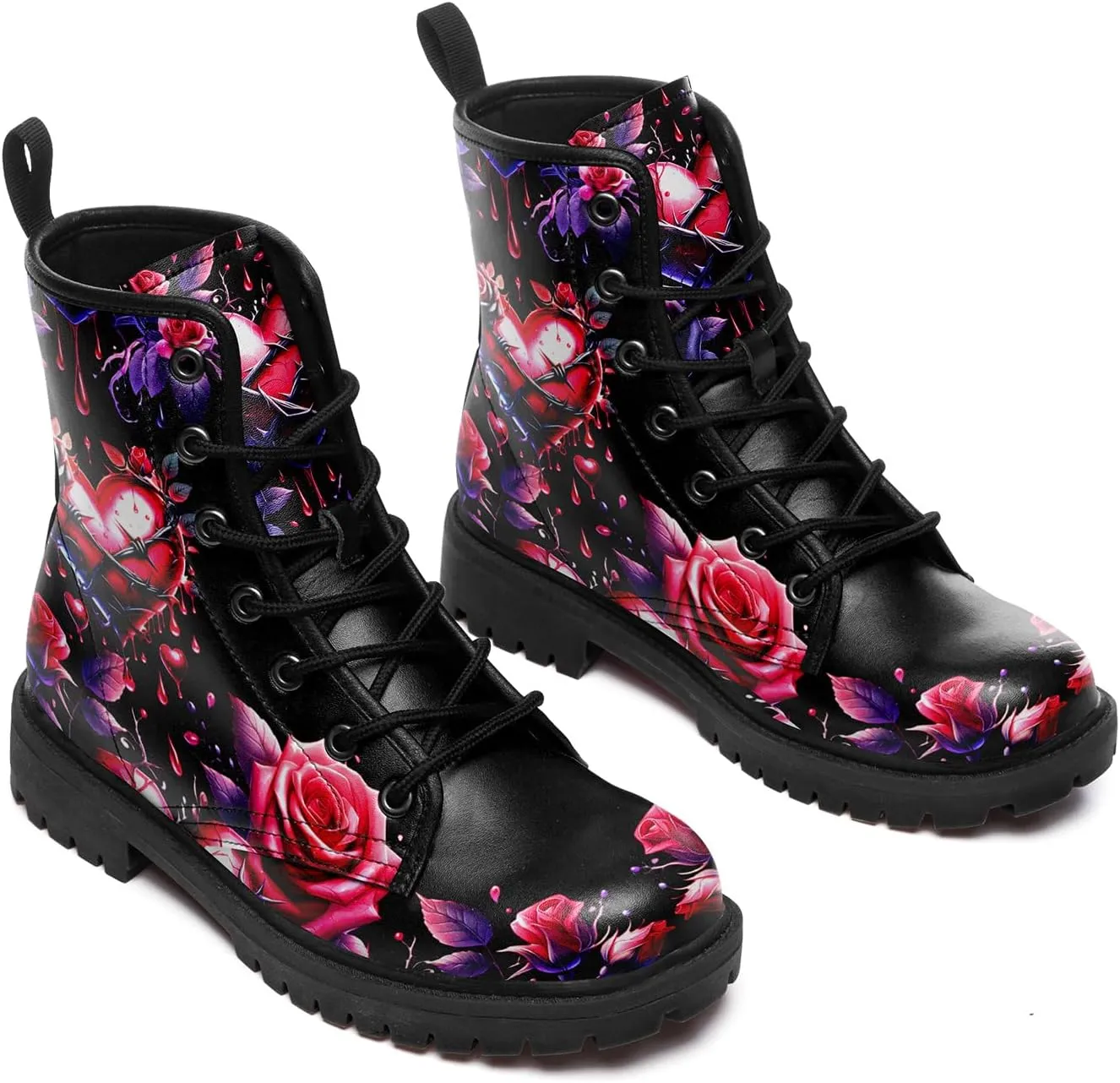 Women's Combat Ankle Boots, Heart Print Fashion Short Booties Rose and Skull Durable Lace-Up Work Boots, Gift For Her Lover