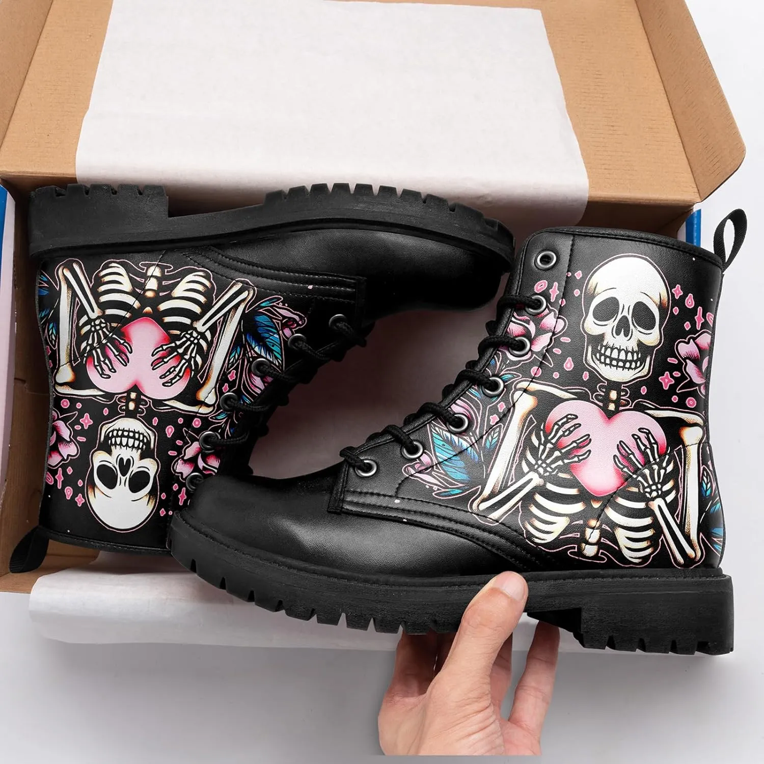 Women's Combat Ankle Boots, Heart Print Fashion Short Booties Rose and Skull Durable Lace-Up Work Boots, Gift For Her Lover