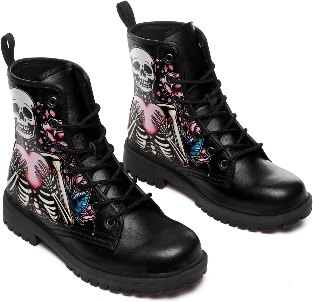 Women's Combat Ankle Boots, Heart Print Fashion Short Booties Rose and Skull Durable Lace-Up Work Boots, Gift For Her Lover