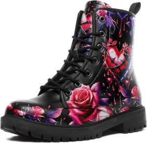 Women's Combat Ankle Boots, Heart Print Fashion Short Booties Rose and Skull Durable Lace-Up Work Boots, Gift For Her Lover