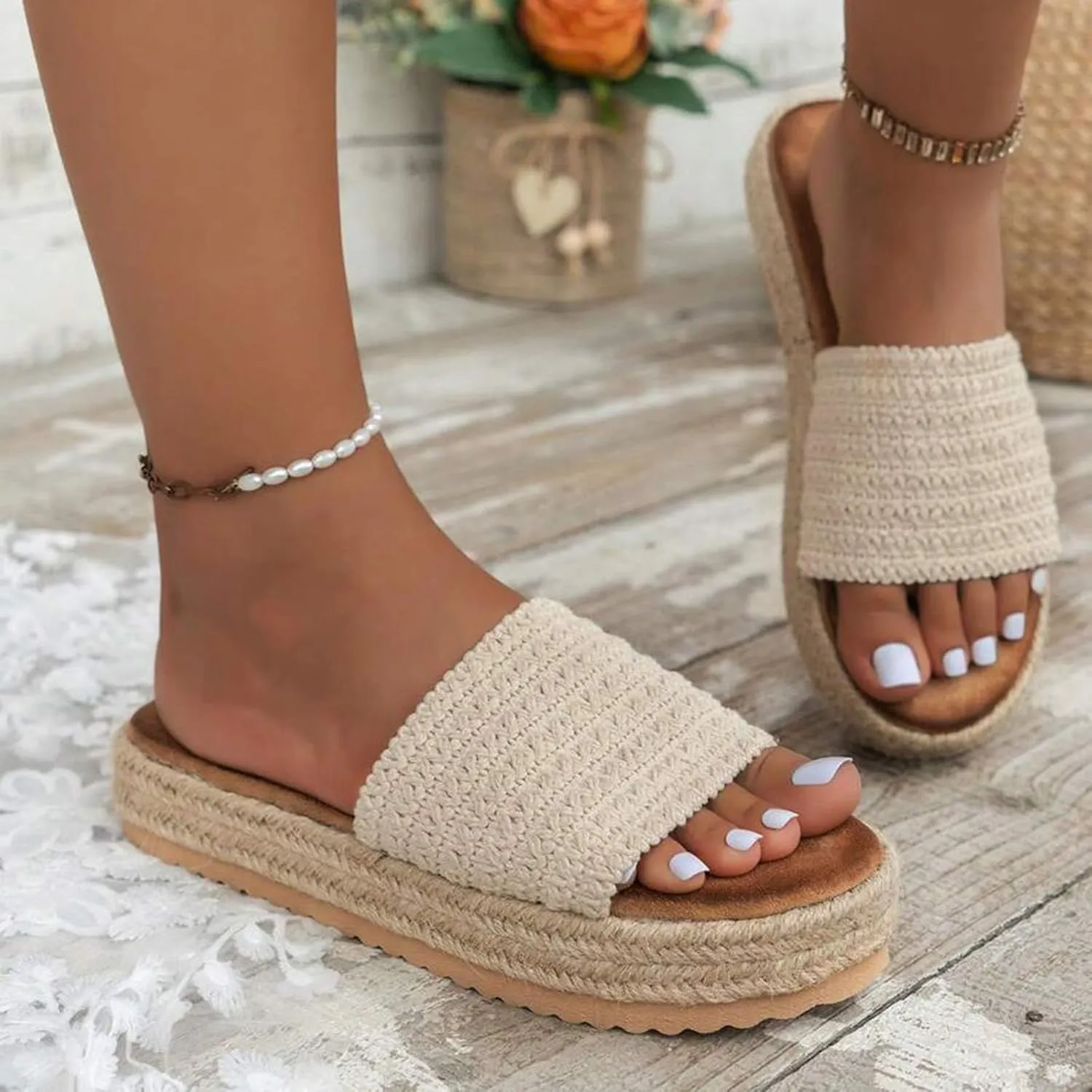 Women's Comfortable Slide Sandals Arch Support Walking Platform Sandals Fleece Lined Slippers for Women Hard Sole