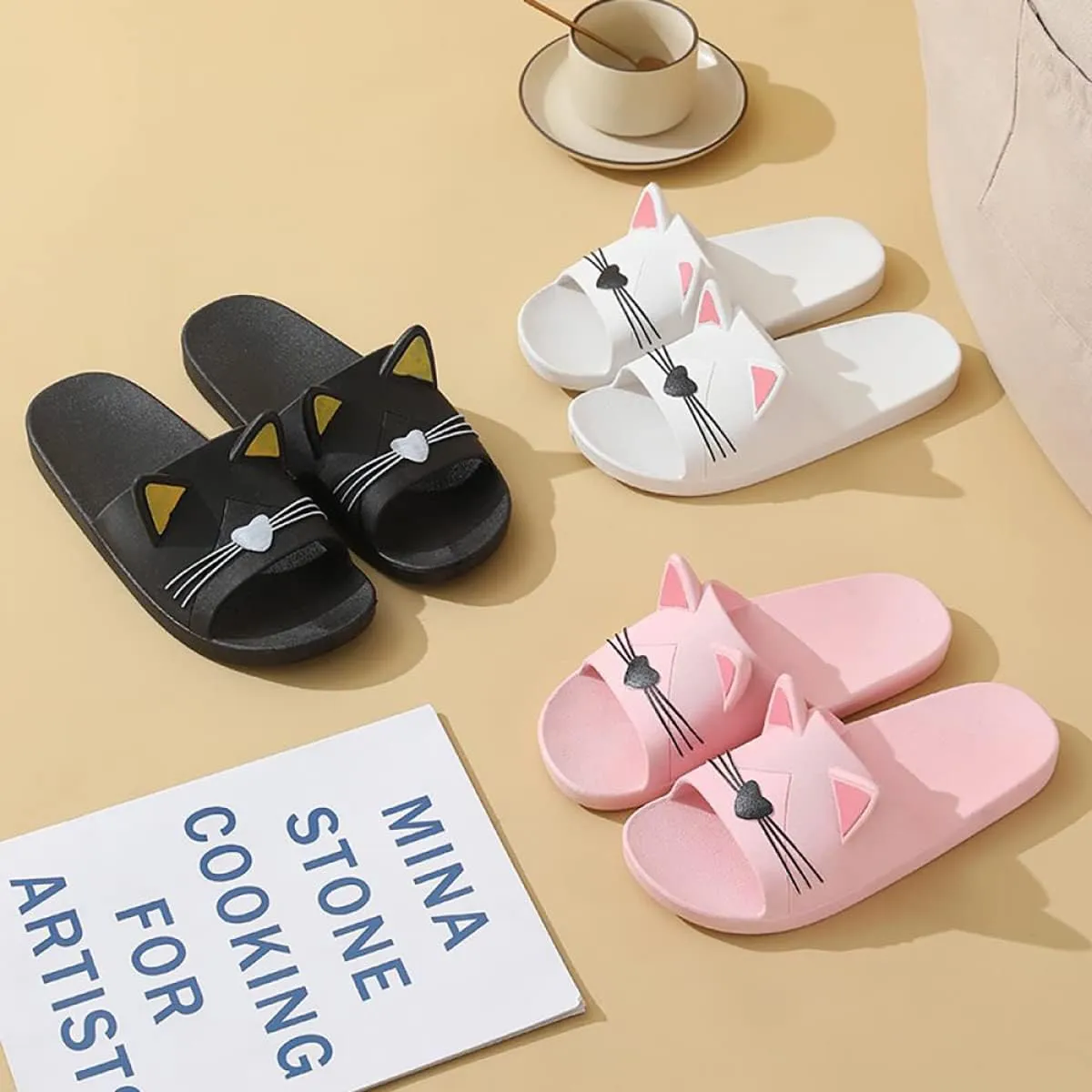 Women's Cute Cartoon Animal Ears Non-Slip Shower Sandals Bathroom Soft Slipper Cat Ears Couples Shoes