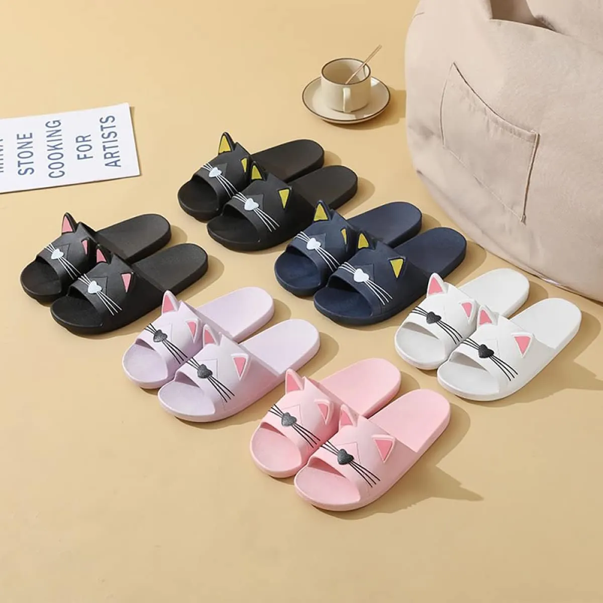 Women's Cute Cartoon Animal Ears Non-Slip Shower Sandals Bathroom Soft Slipper Cat Ears Couples Shoes