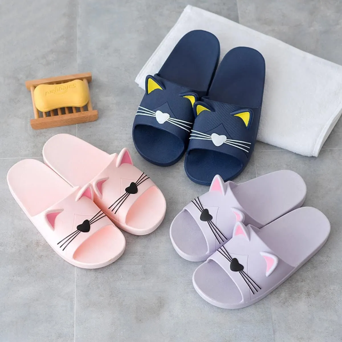 Women's Cute Cartoon Animal Ears Non-Slip Shower Sandals Bathroom Soft Slipper Cat Ears Couples Shoes