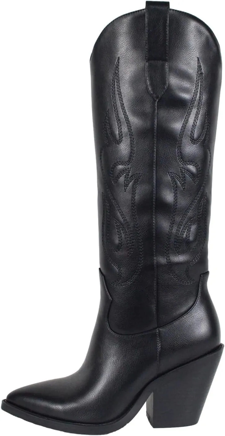 Women'S Fashion Embroidered Western Cowboy Boots Pointed Toe Block Heel Side Zipper Outdoor Music Festival Party High Knee Boots