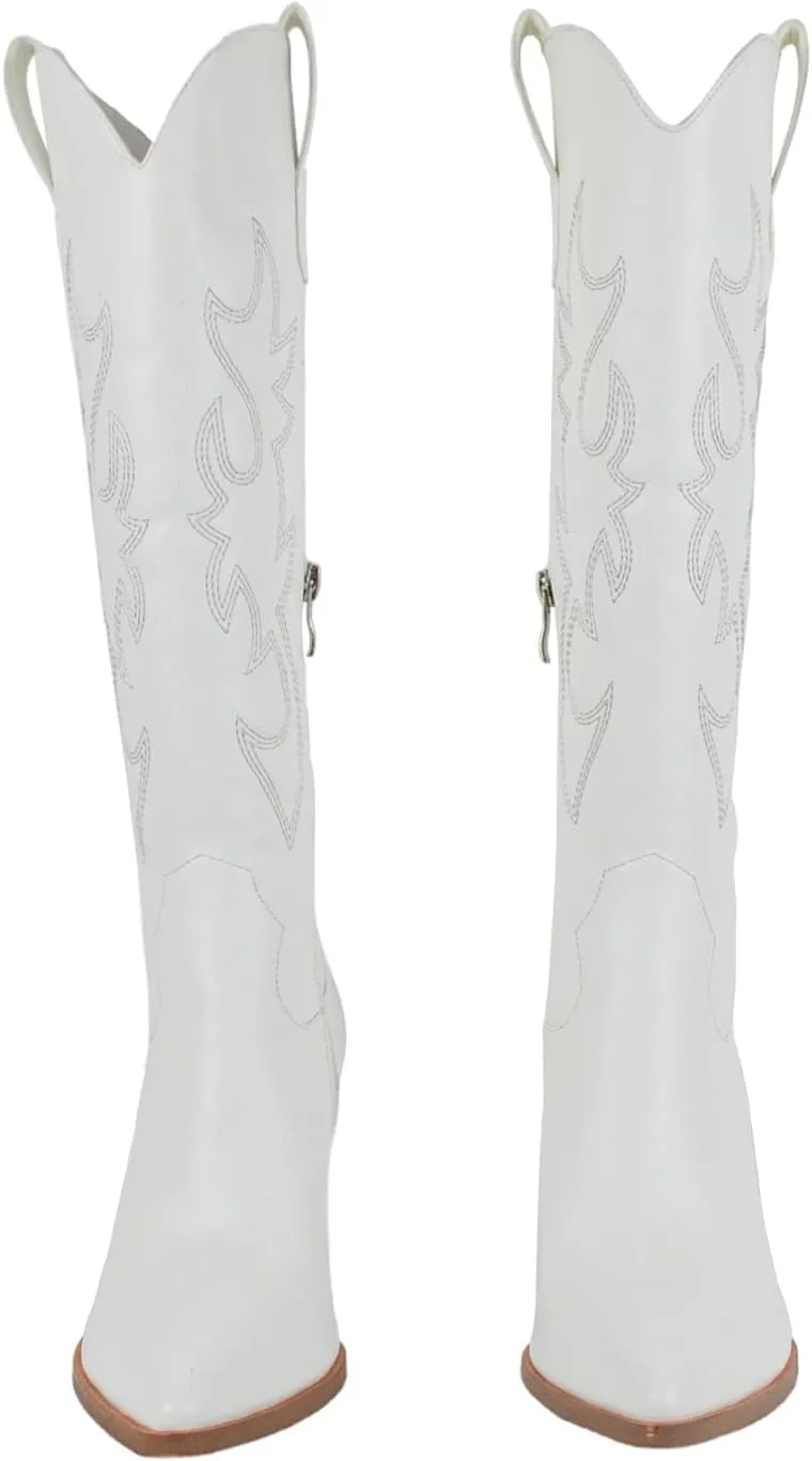 Women'S Fashion Embroidered Western Cowboy Boots Pointed Toe Block Heel Side Zipper Outdoor Music Festival Party High Knee Boots