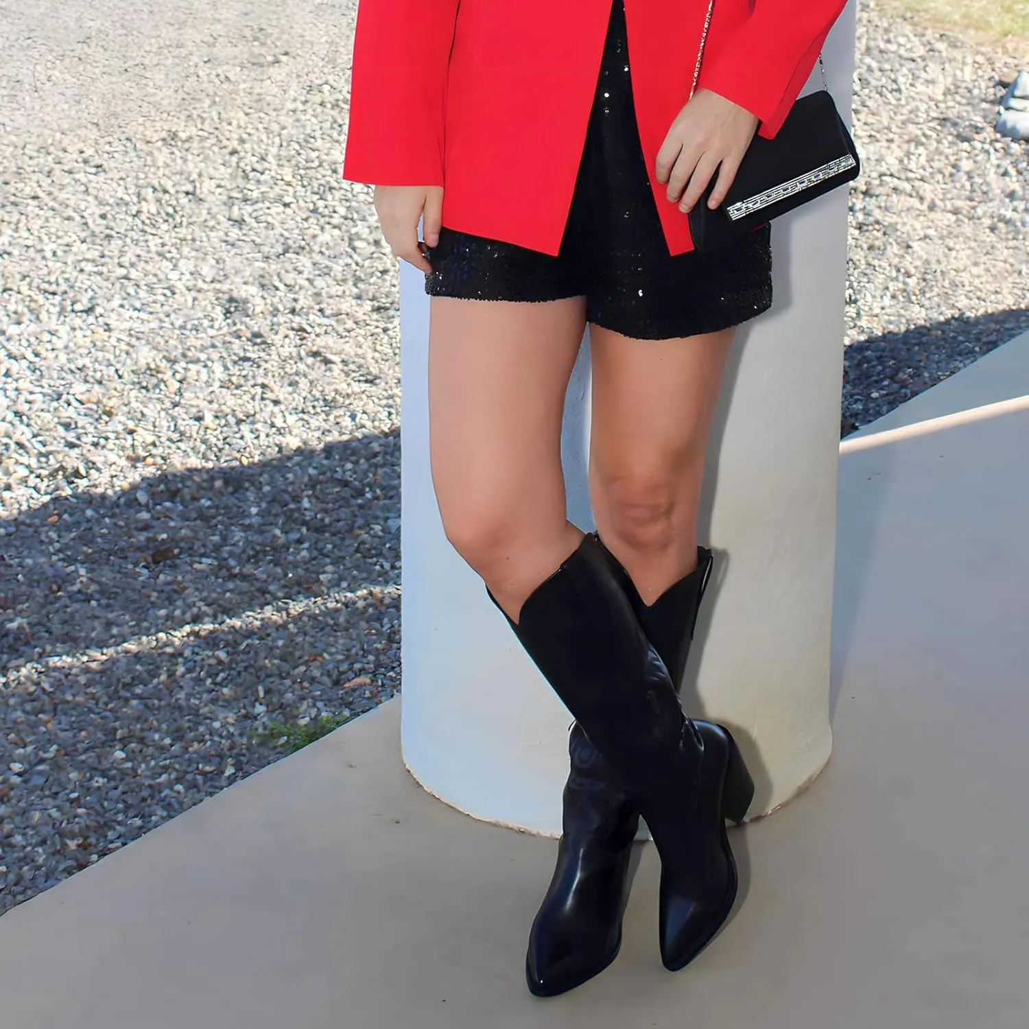 Women'S Fashion Embroidered Western Cowboy Boots Pointed Toe Block Heel Side Zipper Outdoor Music Festival Party High Knee Boots