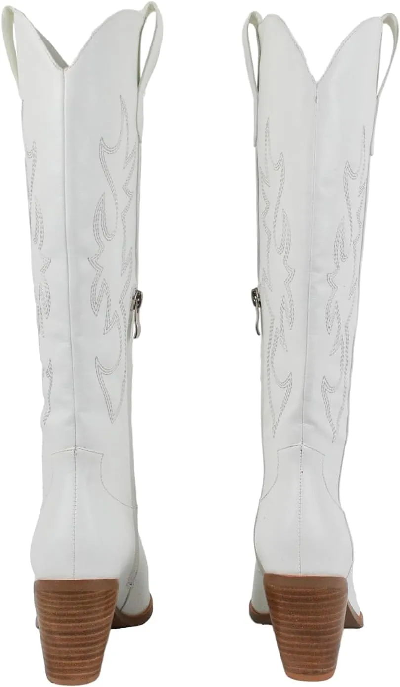 Women'S Fashion Embroidered Western Cowboy Boots Pointed Toe Block Heel Side Zipper Outdoor Music Festival Party High Knee Boots