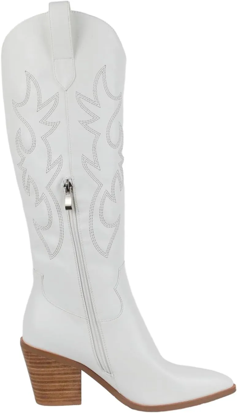 Women'S Fashion Embroidered Western Cowboy Boots Pointed Toe Block Heel Side Zipper Outdoor Music Festival Party High Knee Boots