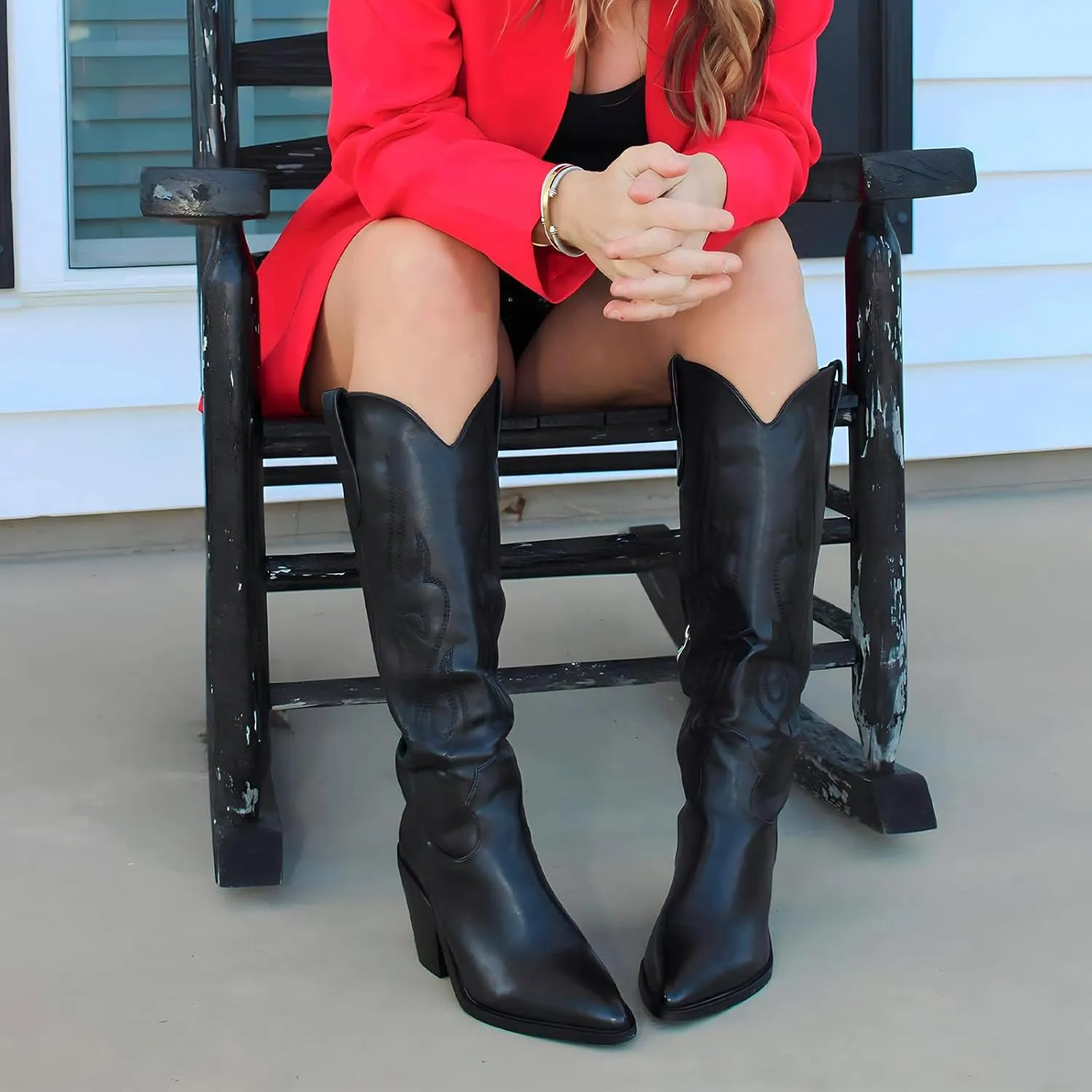 Women'S Fashion Embroidered Western Cowboy Boots Pointed Toe Block Heel Side Zipper Outdoor Music Festival Party High Knee Boots