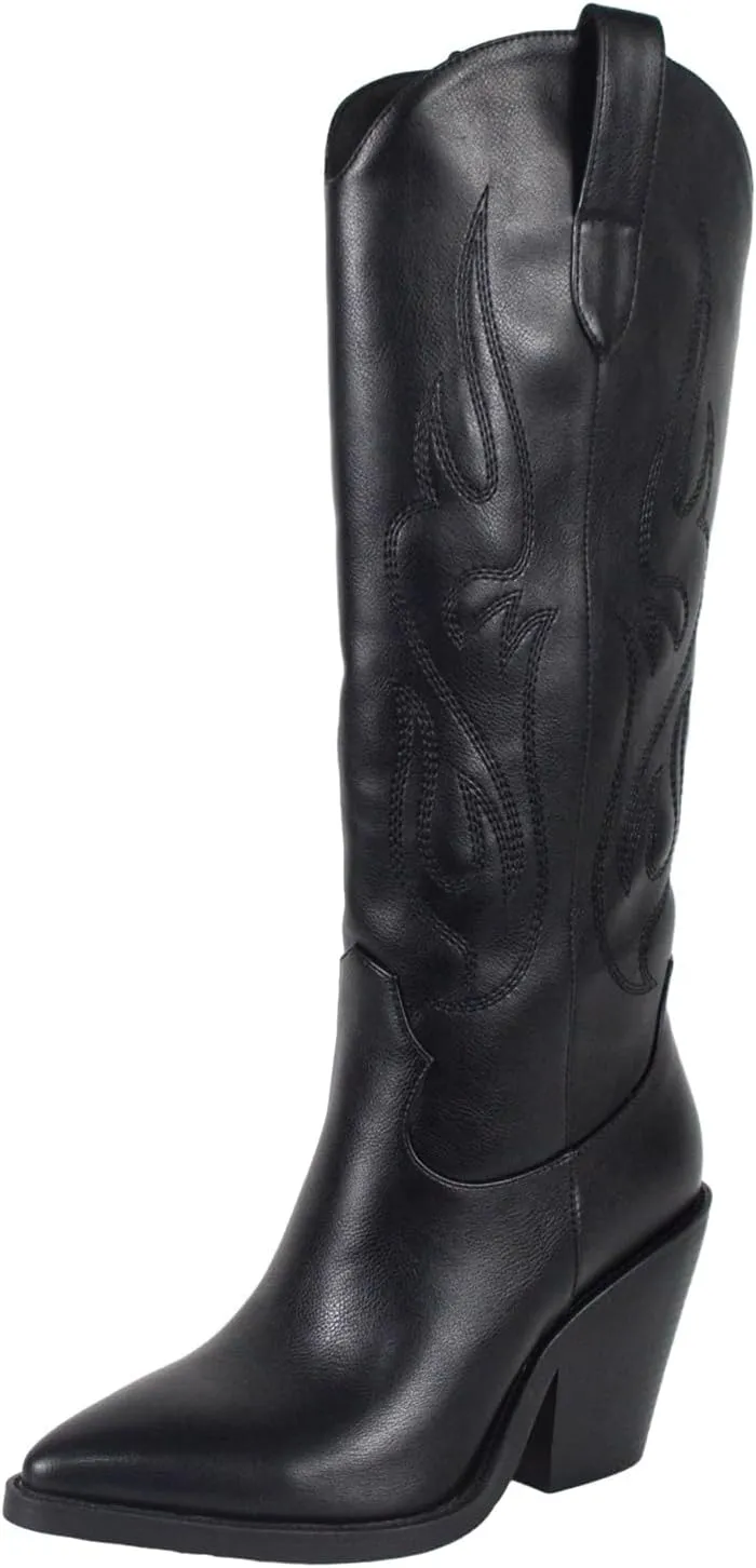 Women'S Fashion Embroidered Western Cowboy Boots Pointed Toe Block Heel Side Zipper Outdoor Music Festival Party High Knee Boots