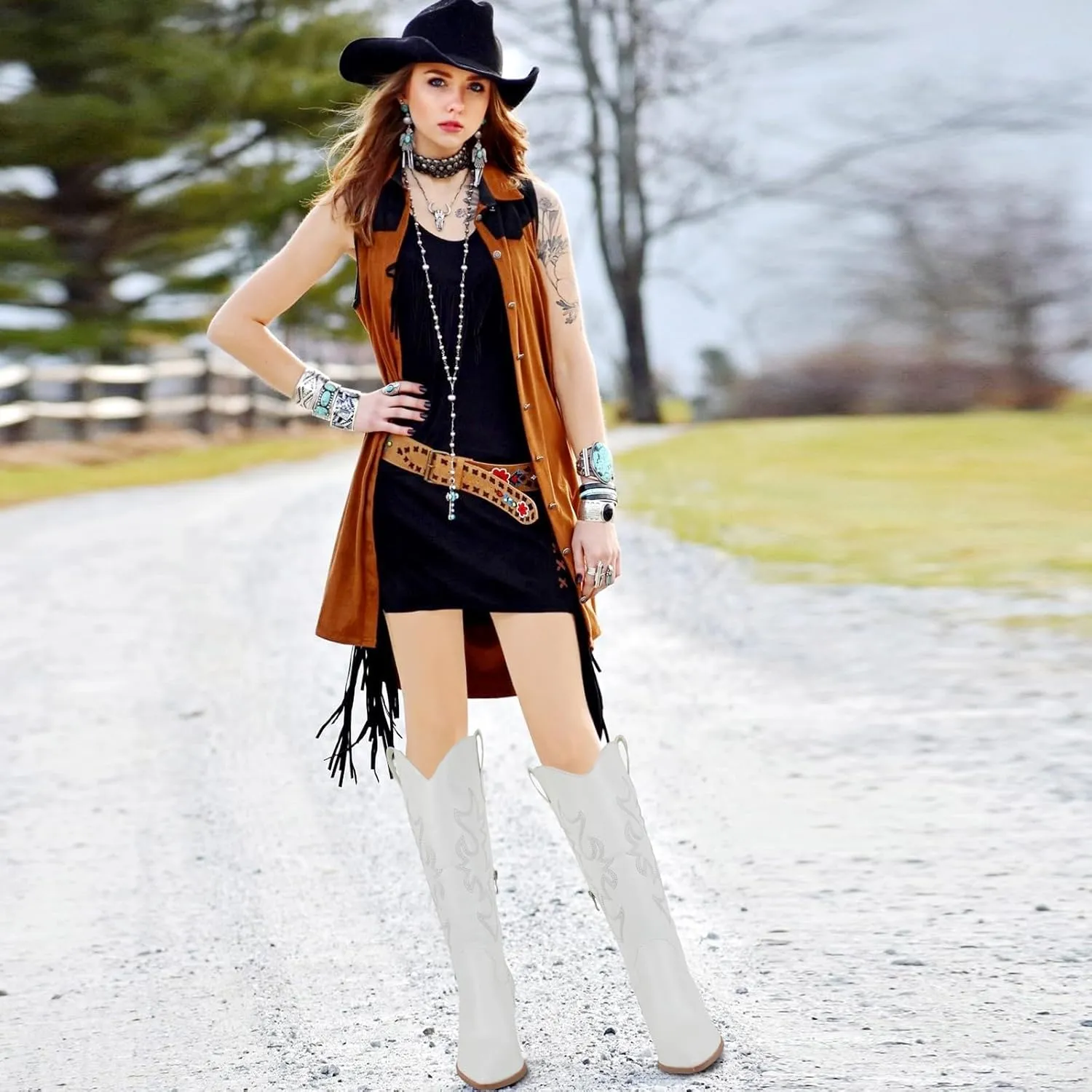 Women'S Fashion Embroidered Western Cowboy Boots Pointed Toe Block Heel Side Zipper Outdoor Music Festival Party High Knee Boots