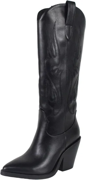 Women'S Fashion Embroidered Western Cowboy Boots Pointed Toe Block Heel Side Zipper Outdoor Music Festival Party High Knee Boots