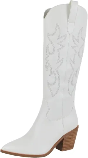 Women'S Fashion Embroidered Western Cowboy Boots Pointed Toe Block Heel Side Zipper Outdoor Music Festival Party High Knee Boots