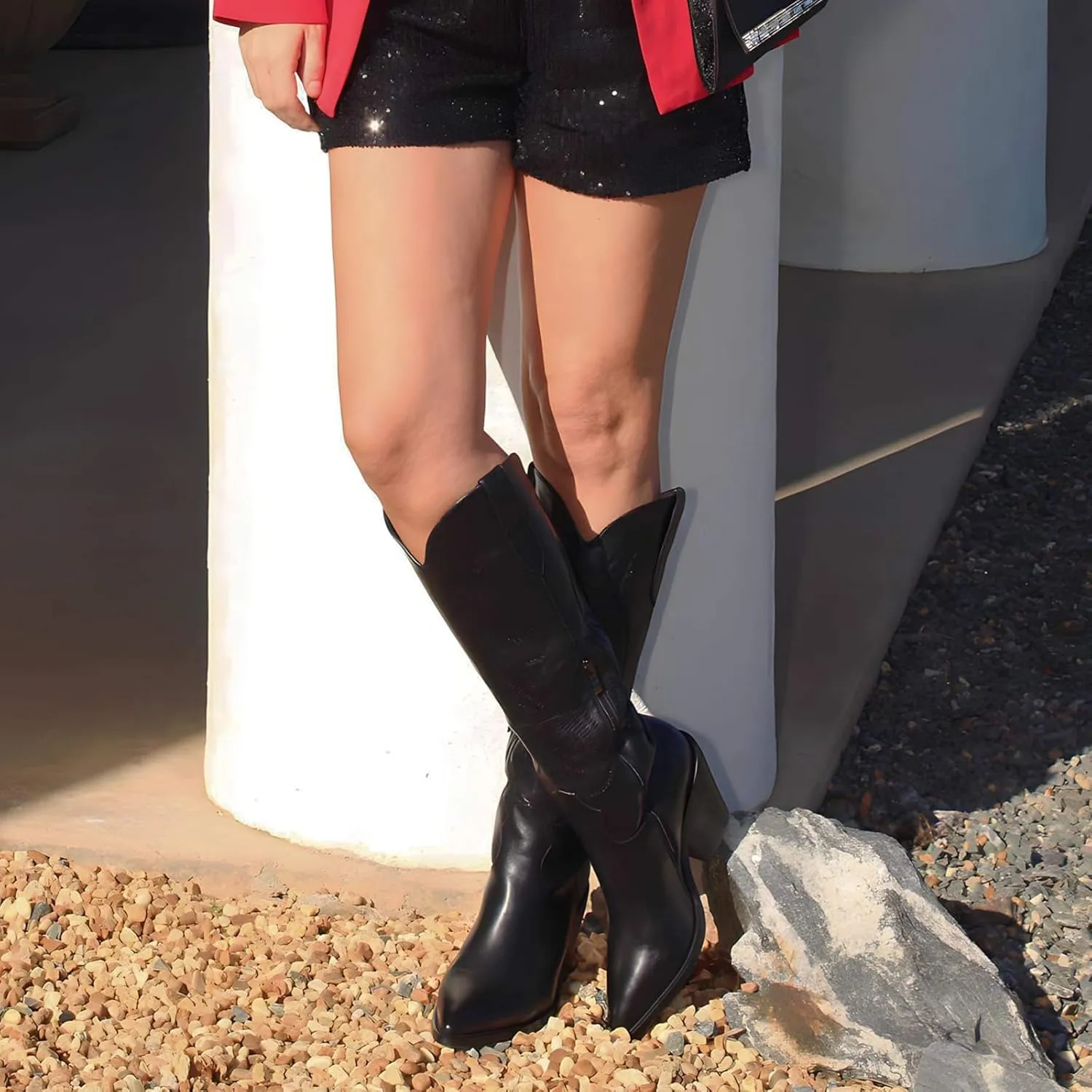 Women'S Fashion Embroidered Western Cowboy Boots Pointed Toe Block Heel Side Zipper Outdoor Music Festival Party High Knee Boots