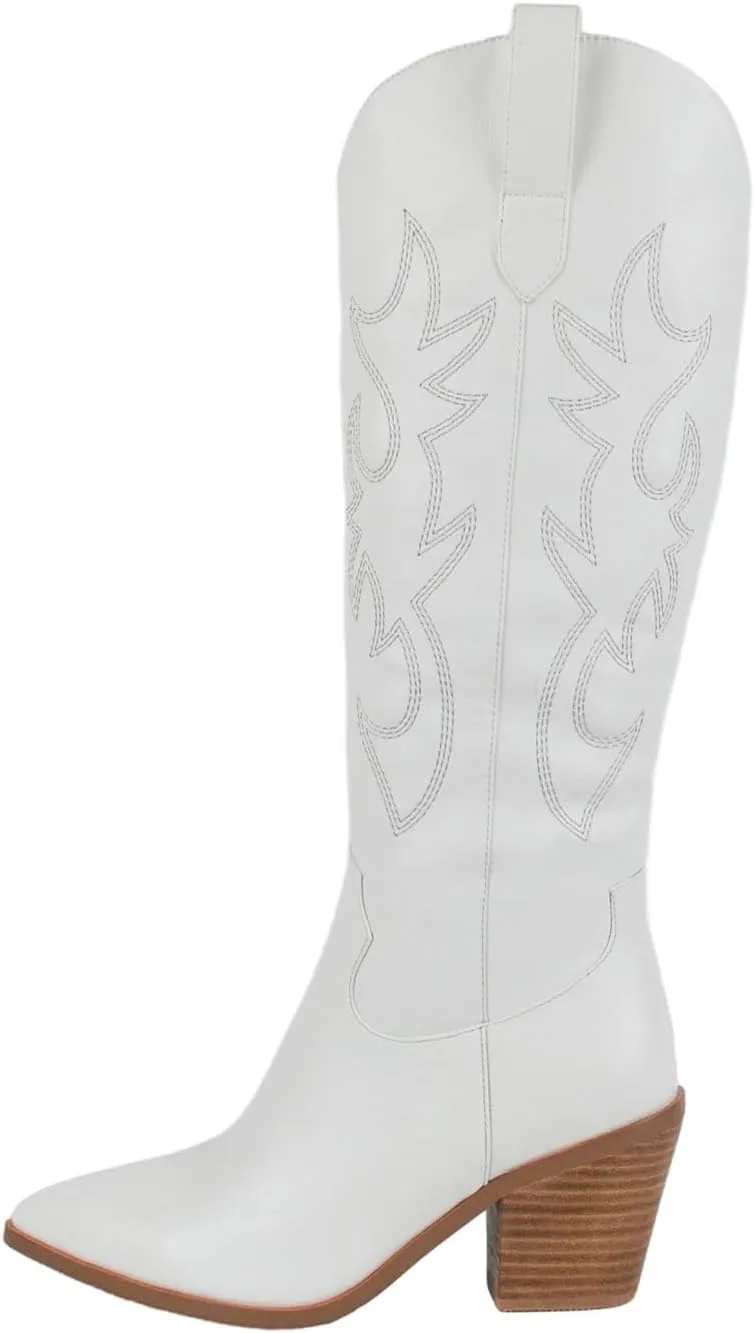 Women'S Fashion Embroidered Western Cowboy Boots Pointed Toe Block Heel Side Zipper Outdoor Music Festival Party High Knee Boots