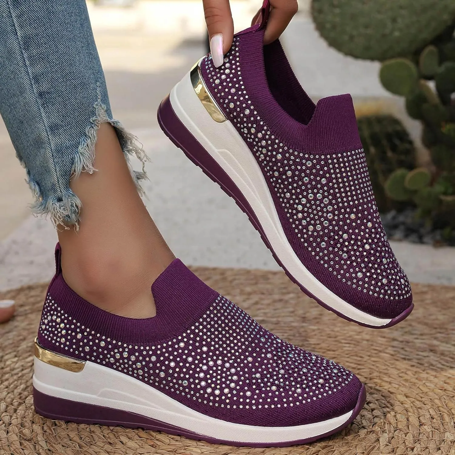 Women's Fashion Glitter Sneakers Platform Wedge Shoes Sparkly Rhinestone Mesh Slip-on Sneakers Breathable Spakle Shoes