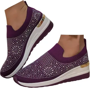 Women's Fashion Glitter Sneakers Platform Wedge Shoes Sparkly Rhinestone Mesh Slip-on Sneakers Breathable Spakle Shoes