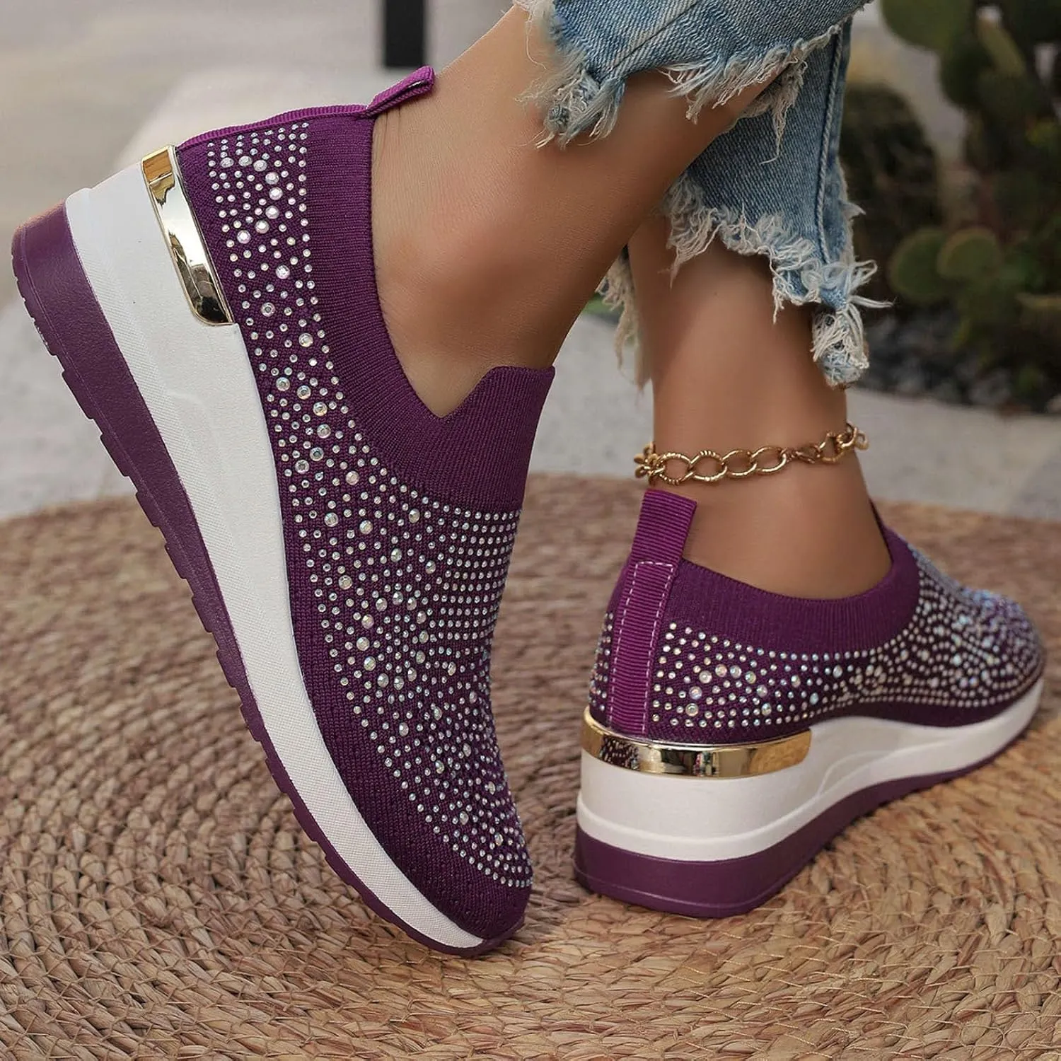 Women's Fashion Glitter Sneakers Platform Wedge Shoes Sparkly Rhinestone Mesh Slip-on Sneakers Breathable Spakle Shoes