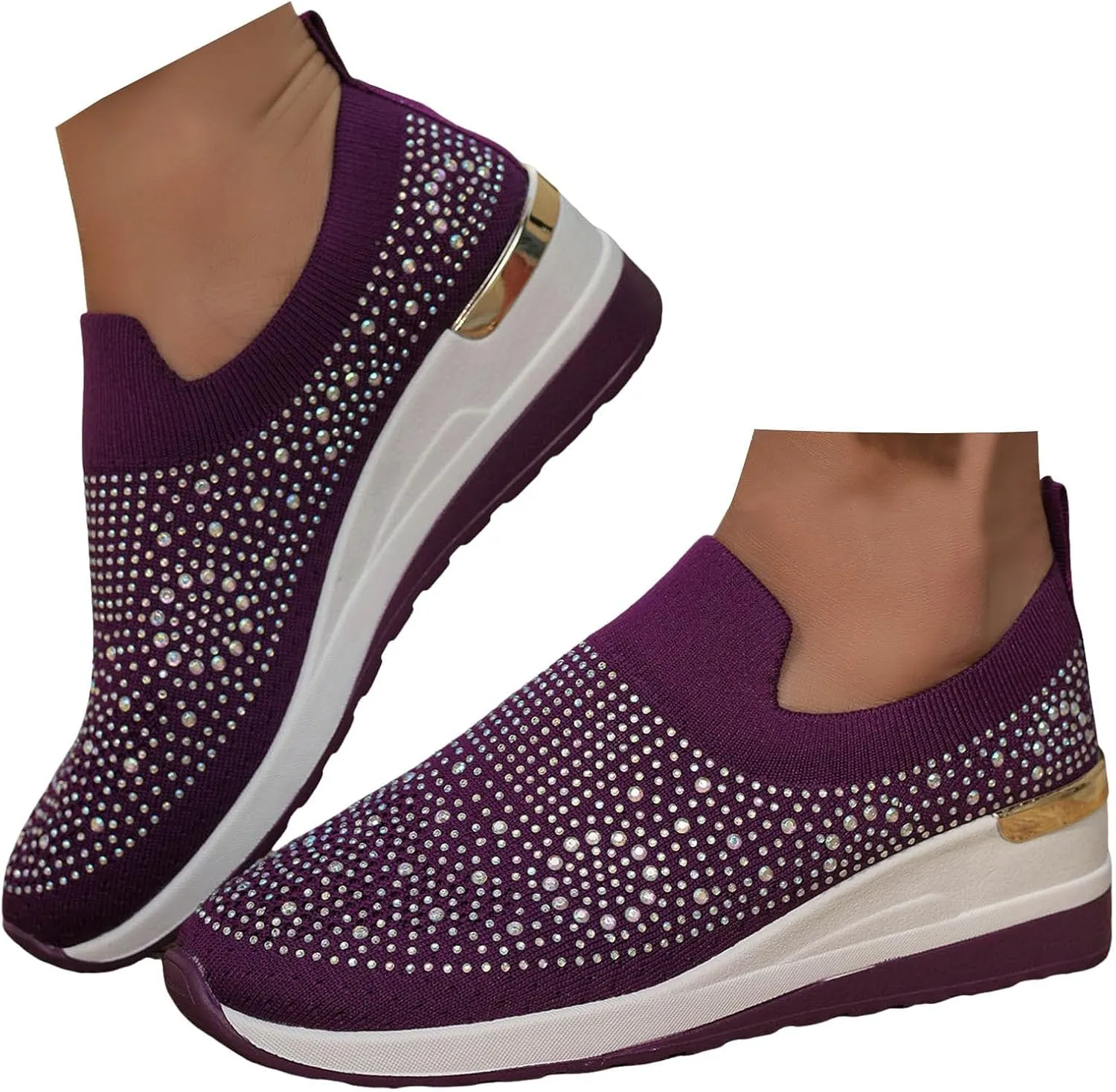 Women's Fashion Glitter Sneakers Platform Wedge Shoes Sparkly Rhinestone Mesh Slip-on Sneakers Breathable Spakle Shoes