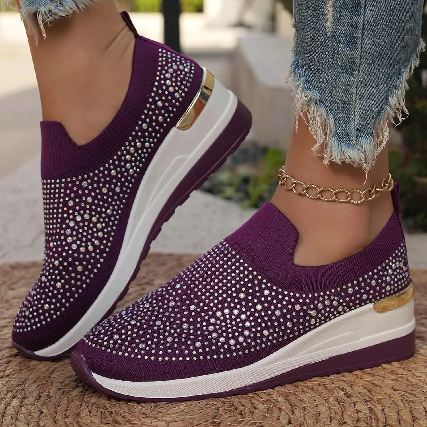 Women's Fashion Glitter Sneakers Platform Wedge Shoes Sparkly Rhinestone Mesh Slip-on Sneakers Breathable Spakle Shoes