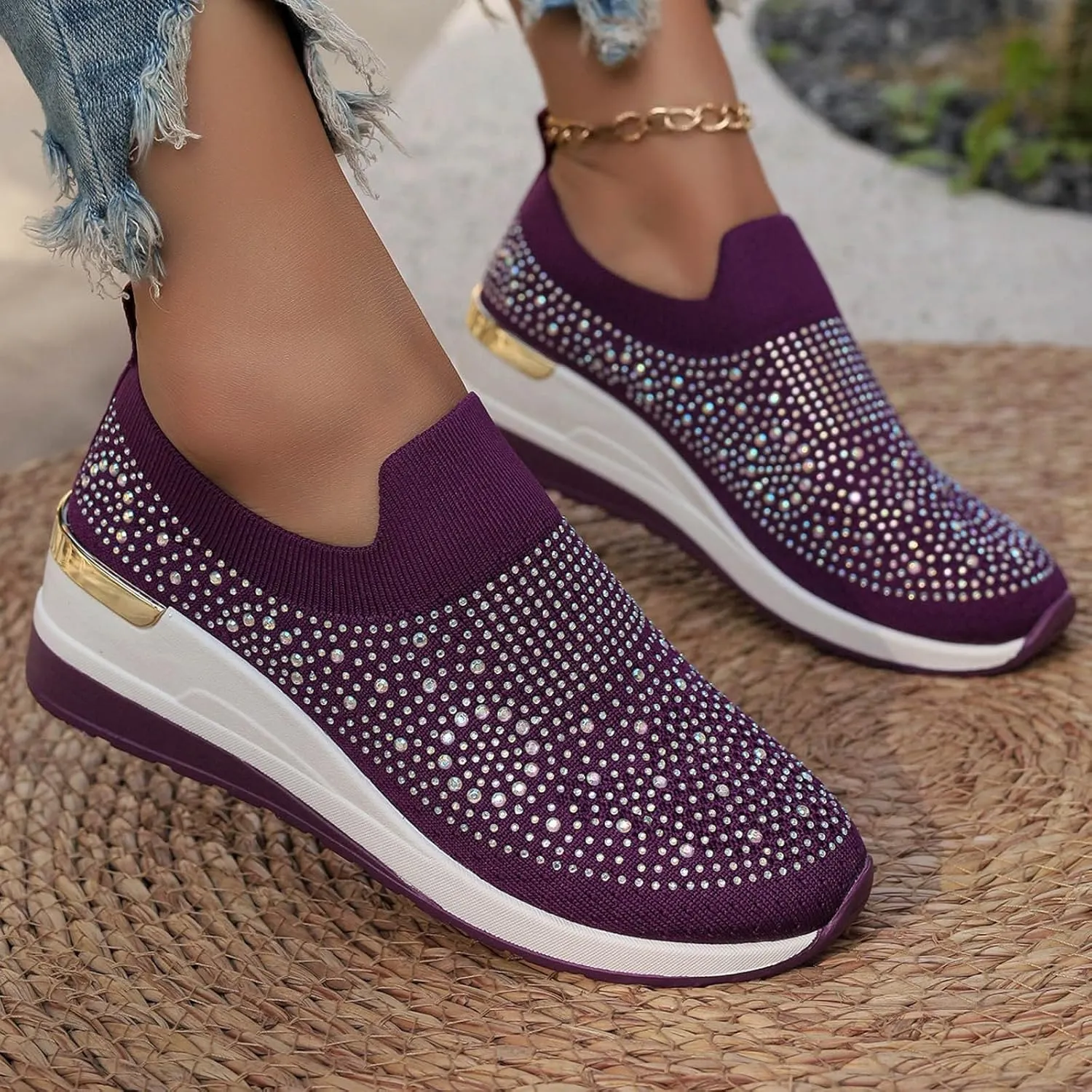 Women's Fashion Glitter Sneakers Platform Wedge Shoes Sparkly Rhinestone Mesh Slip-on Sneakers Breathable Spakle Shoes