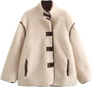 Womens Faux Fur Jacket Sherpa Fleece Aviator Jacket Casual Button Down Warm Winter Fuzzy Shearling Coats