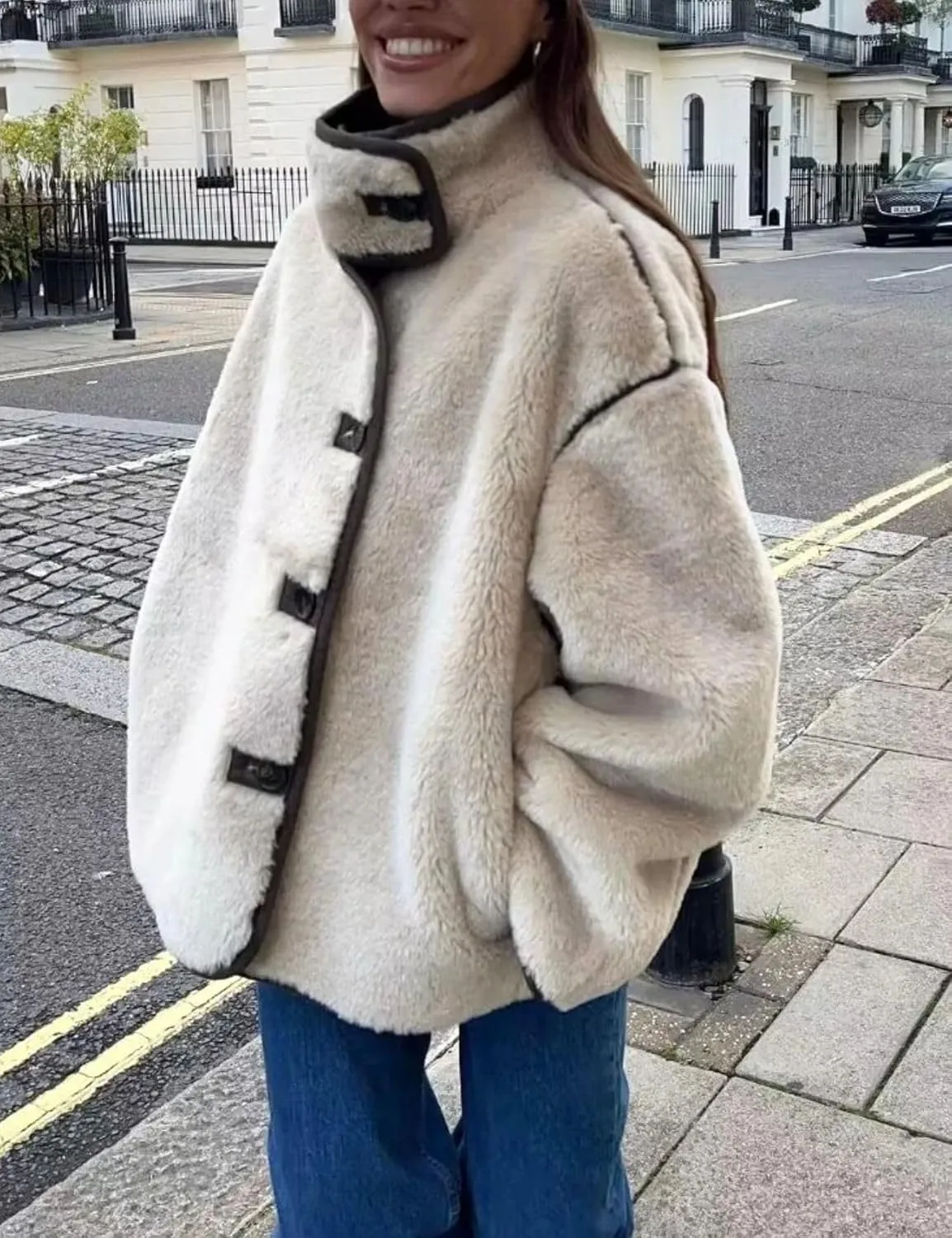 Womens Faux Fur Jacket Sherpa Fleece Aviator Jacket Casual Button Down Warm Winter Fuzzy Shearling Coats