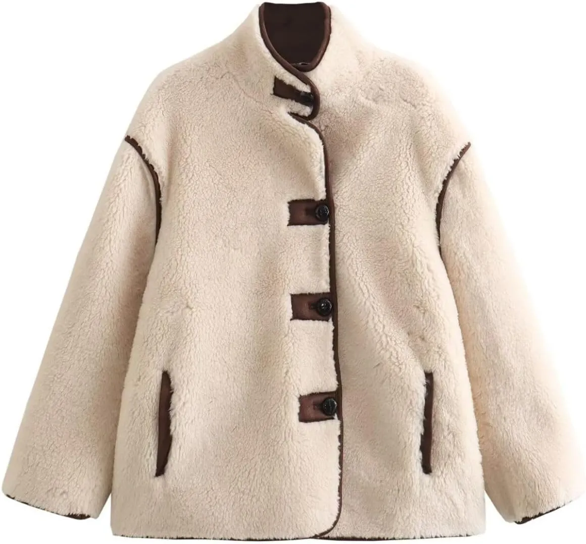 Womens Faux Fur Jacket Sherpa Fleece Aviator Jacket Casual Button Down Warm Winter Fuzzy Shearling Coats