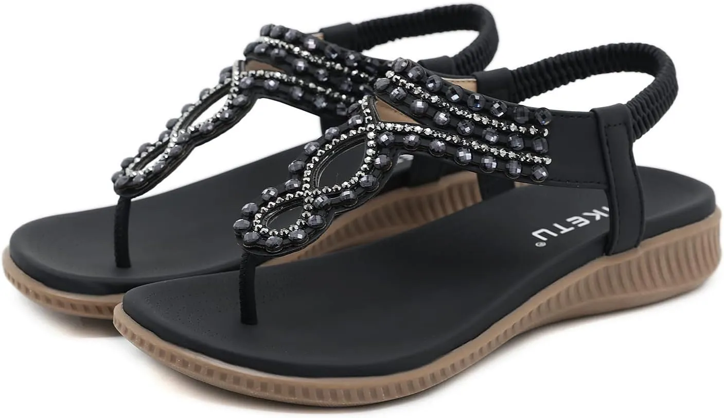 Women's Flat Sandals Summer Bohemia Elastic Ankle T-Strap Thong Flip Flops Casual Comfortable Beach Sandal Shoes