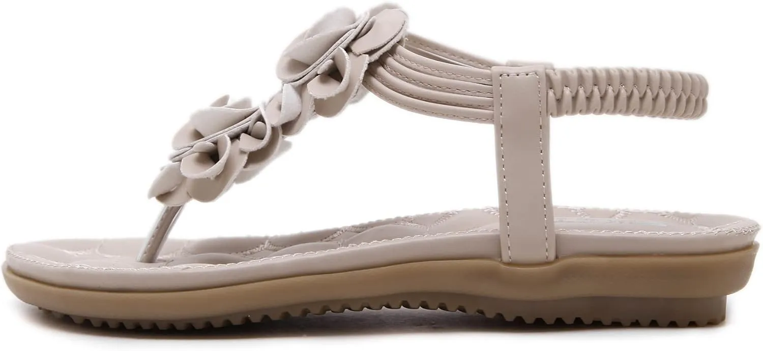 Women's Flat Sandals Summer Bohemia Elastic Ankle T-Strap Thong Flip Flops Casual Comfortable Beach Sandal Shoes