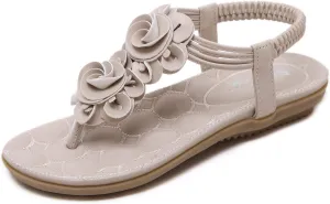Women's Flat Sandals Summer Bohemia Elastic Ankle T-Strap Thong Flip Flops Casual Comfortable Beach Sandal Shoes