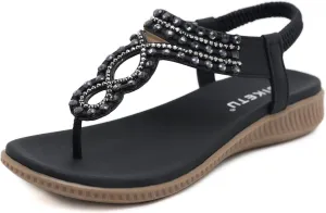 Women's Flat Sandals Summer Bohemia Elastic Ankle T-Strap Thong Flip Flops Casual Comfortable Beach Sandal Shoes