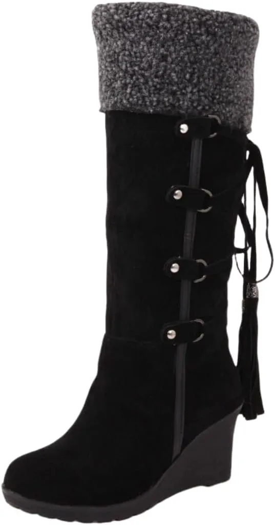 Women's Fleece Wedge Mid Calf Boots, Winter Warm Tassel Decor Suedette Boots, Thermal Outdoor Snow Boots