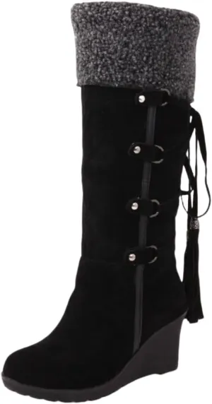 Women's Fleece Wedge Mid Calf Boots, Winter Warm Tassel Decor Suedette Boots, Thermal Outdoor Snow Boots
