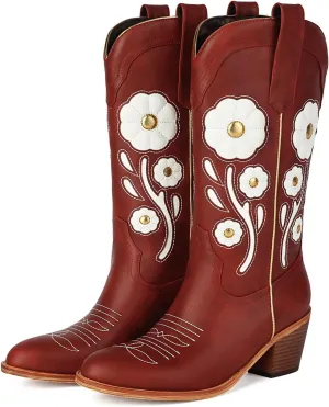 Womens Floral Cowboy Boots,Cute Mid Calf Flower Cowgirl Western Country Boot Pointed Toe Chunky Heel Shoes for Women.